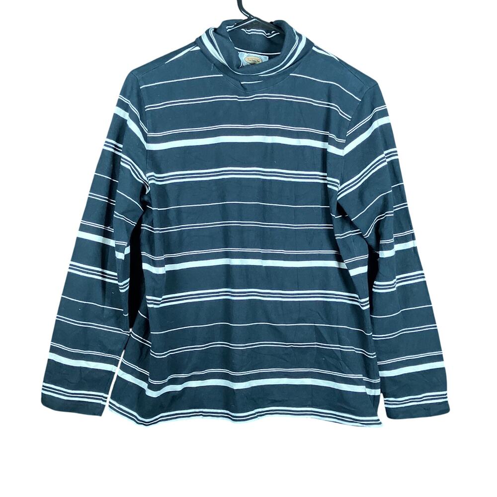 Talbots Womens Shirt Black White Striped Pullover Turtleneck Stretch Large